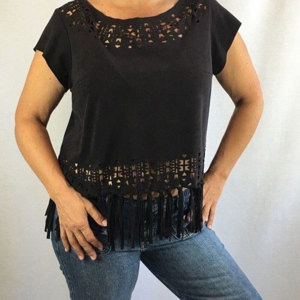 Black Fringe Hem Crop Top Boho Festival Western Concert Shirt Size XS